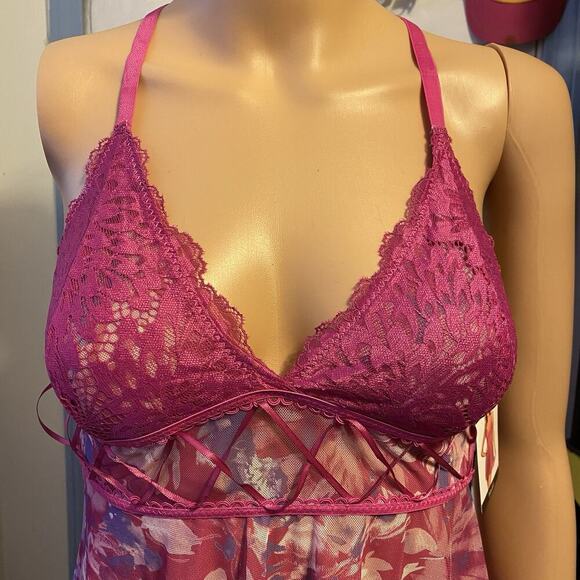 French Affair Purple Floral Babydoll Nightie & G-String Panty Lingerie Set Sz L - Picture 9 of 9
